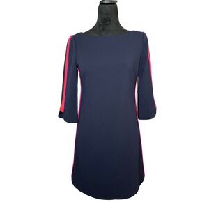Vince Camuto 3/4 Sleeve Knee Length Shift Dress Navy‎ With Stripes Size 4P NWT